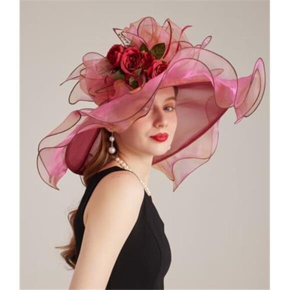 Women\'s Derby Church Hat Organza Flower Fascinator Wide Brim Sun Hat main image 5